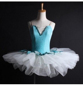 Turquoise white patchwork velvet girls kids children tutu leotard skirt performance competition professional swan lake ballet dance dresses